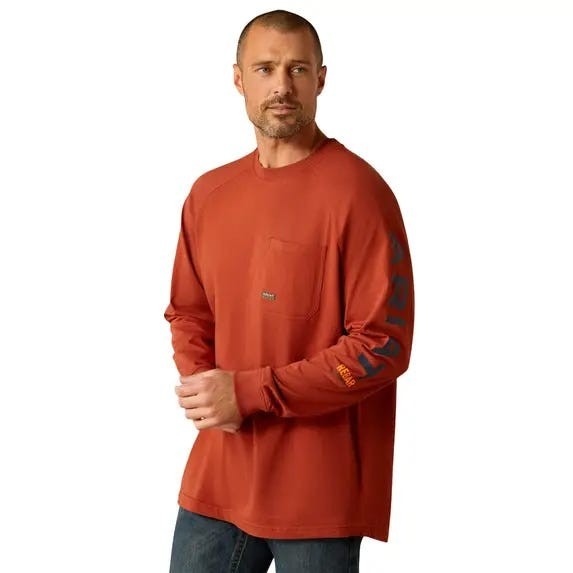 Ariat Men’s Rebar Cotton  Long Sleeve Pocket T-Shirt Burnt Henna XXL Tall NEW