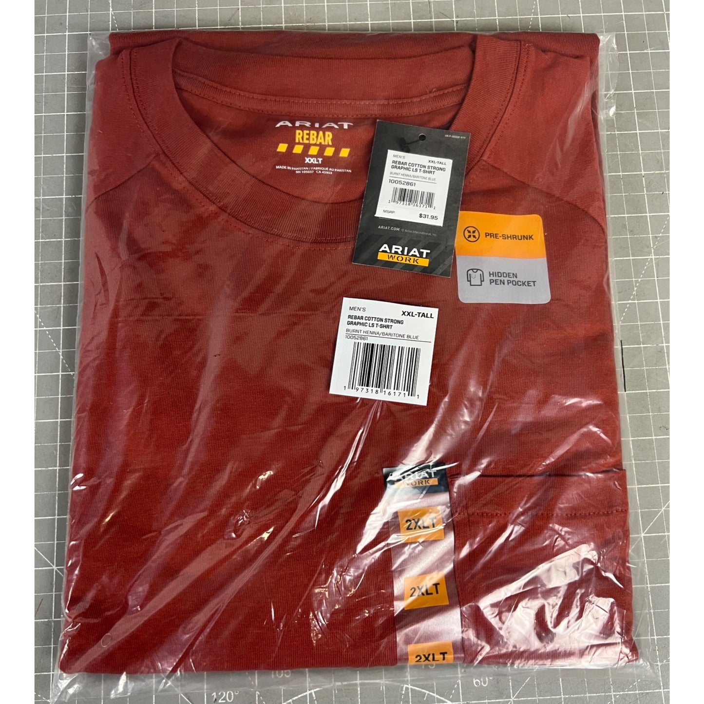 Ariat Men’s Rebar Cotton  Long Sleeve Pocket T-Shirt Burnt Henna XXL Tall NEW