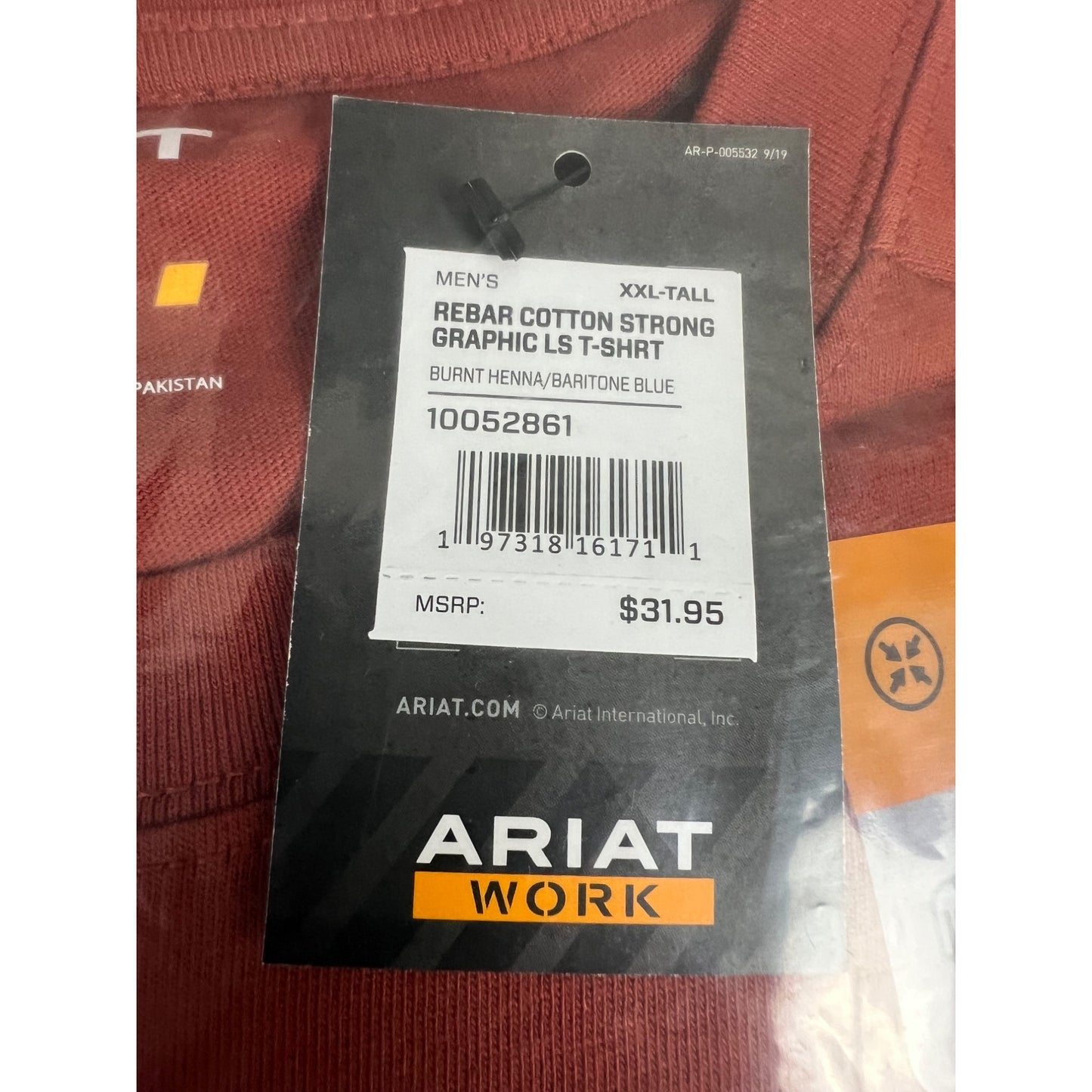 Ariat Men’s Rebar Cotton  Long Sleeve Pocket T-Shirt Burnt Henna XXL Tall NEW