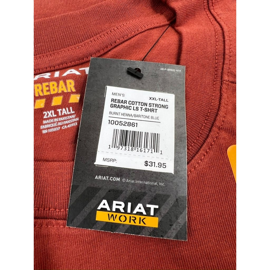 Ariat Men’s Rebar Cotton  Long Sleeve Pocket T-Shirt Burnt Henna XXL Tall NEW