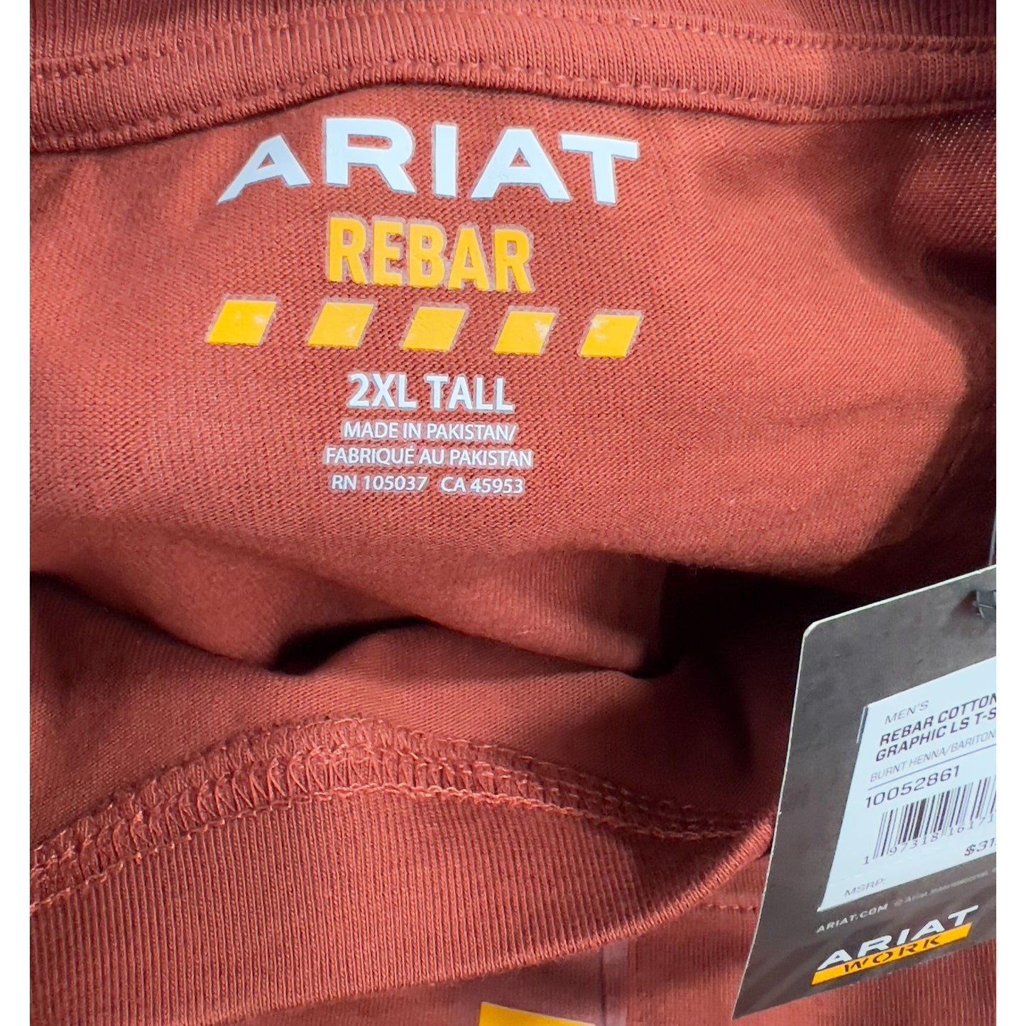 Ariat Men’s Rebar Cotton  Long Sleeve Pocket T-Shirt Burnt Henna XXL Tall NEW