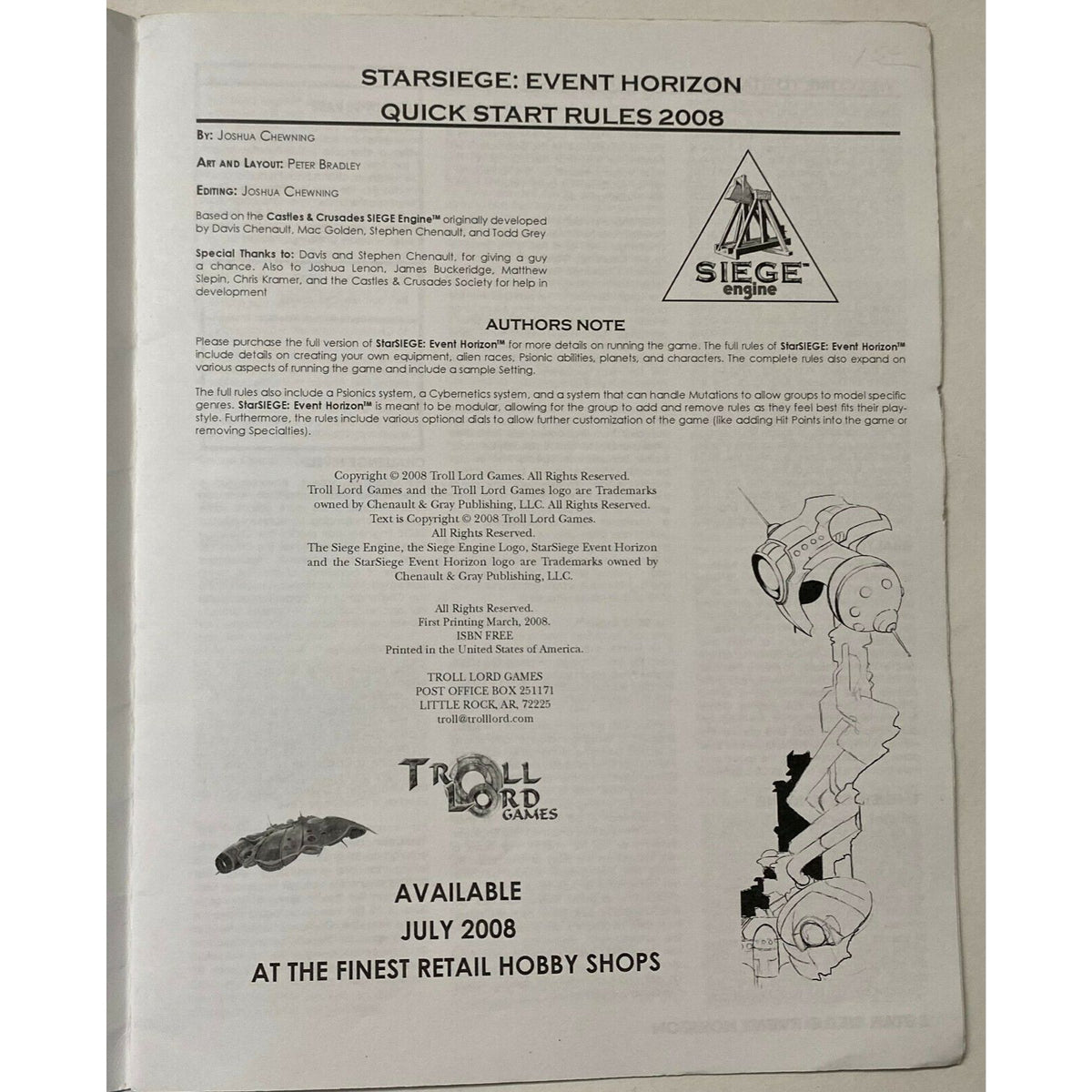 StarSiege Event Horizon Introductory Manual Rules Troll Lord Games 2008 RPG