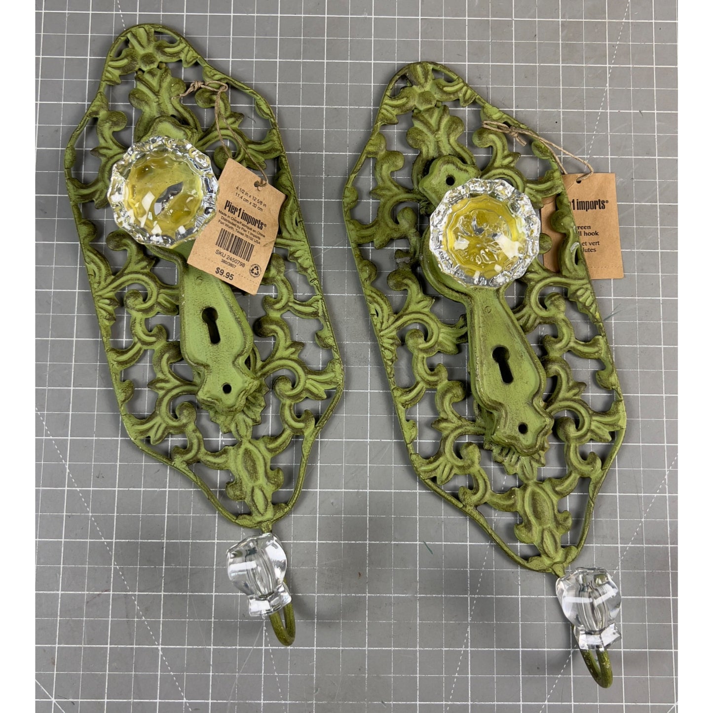 Pair Green Shabby Chic Scroll Metal Wall Hooks Acrylic Knobs By Pier 1 Imports