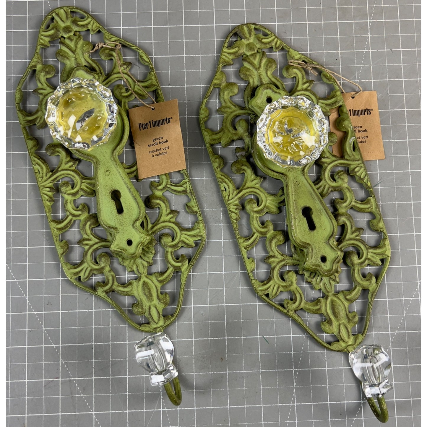 Pair Green Shabby Chic Scroll Metal Wall Hooks Acrylic Knobs By Pier 1 Imports
