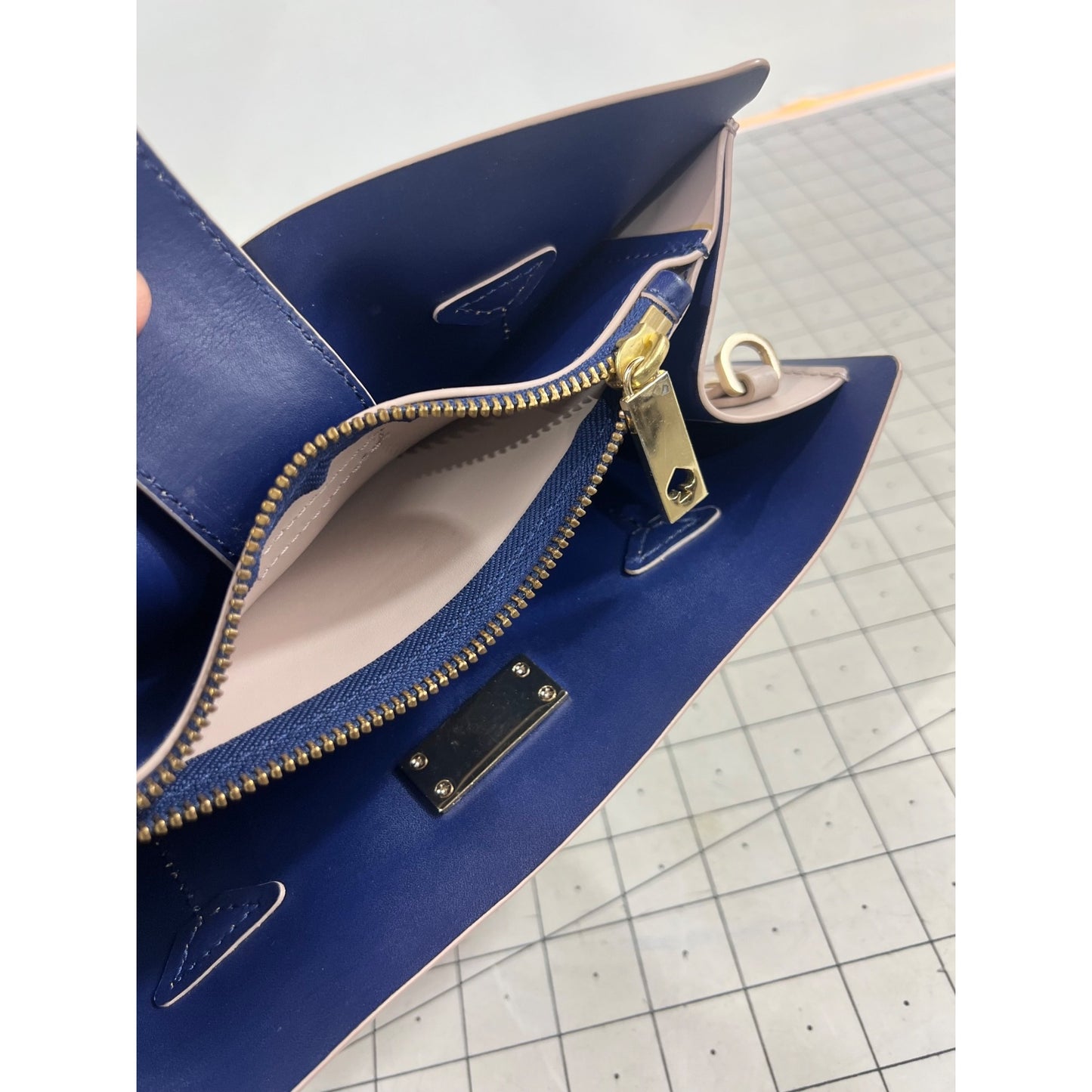Kate Spade New York Blush Pink Leather Tote Bag Gold Hardware Navy Interior Fine